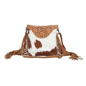 Hand Tooled Leather Shoulder Bag-Raw Umber Fringed Hair On Leather Crossbody Bag